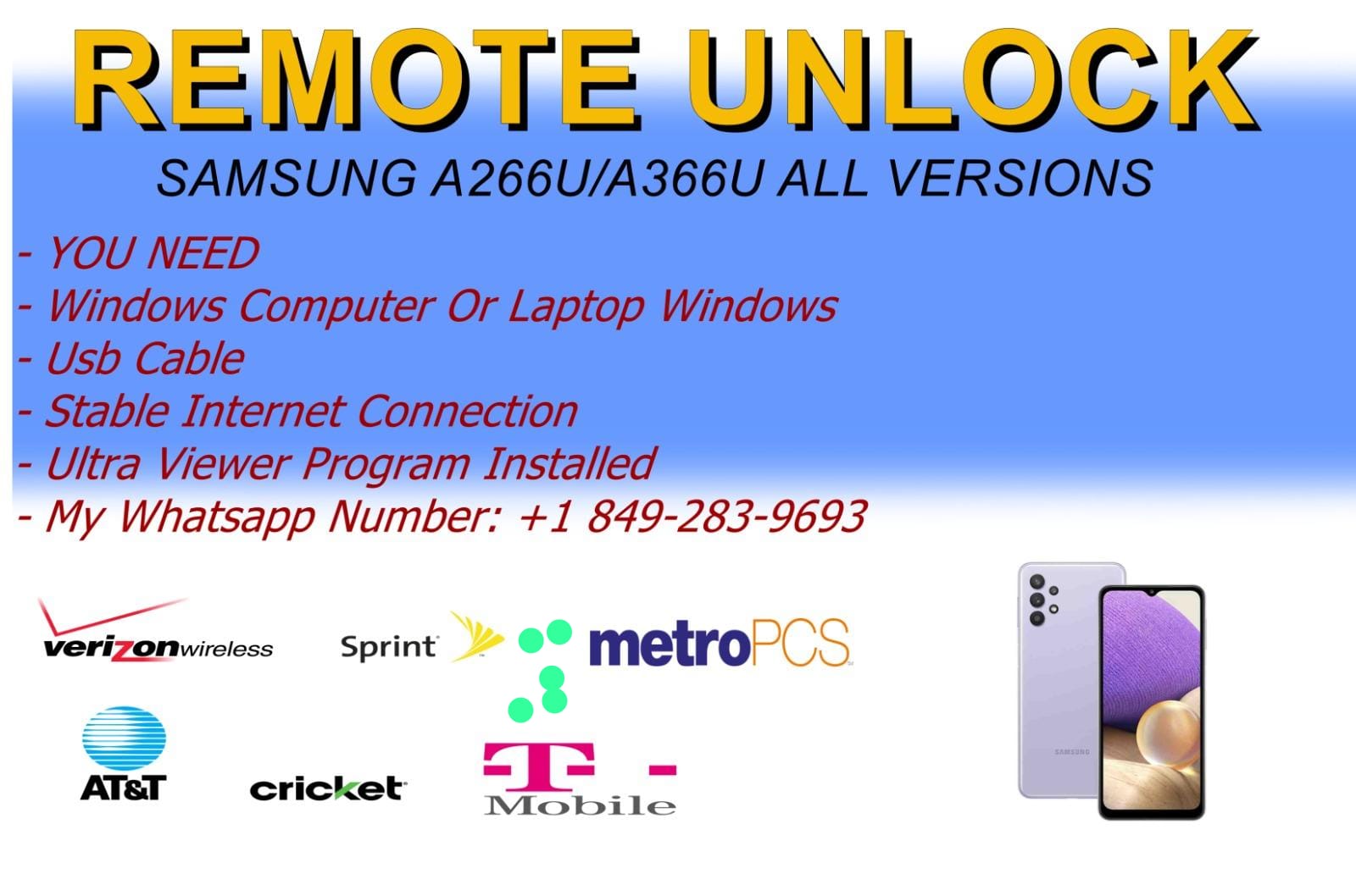 REMOTE UNLOCK SERVICE SAMSUNG A26/A36 ALL COMPANIES/CARRIERS [ PERMANENT ]