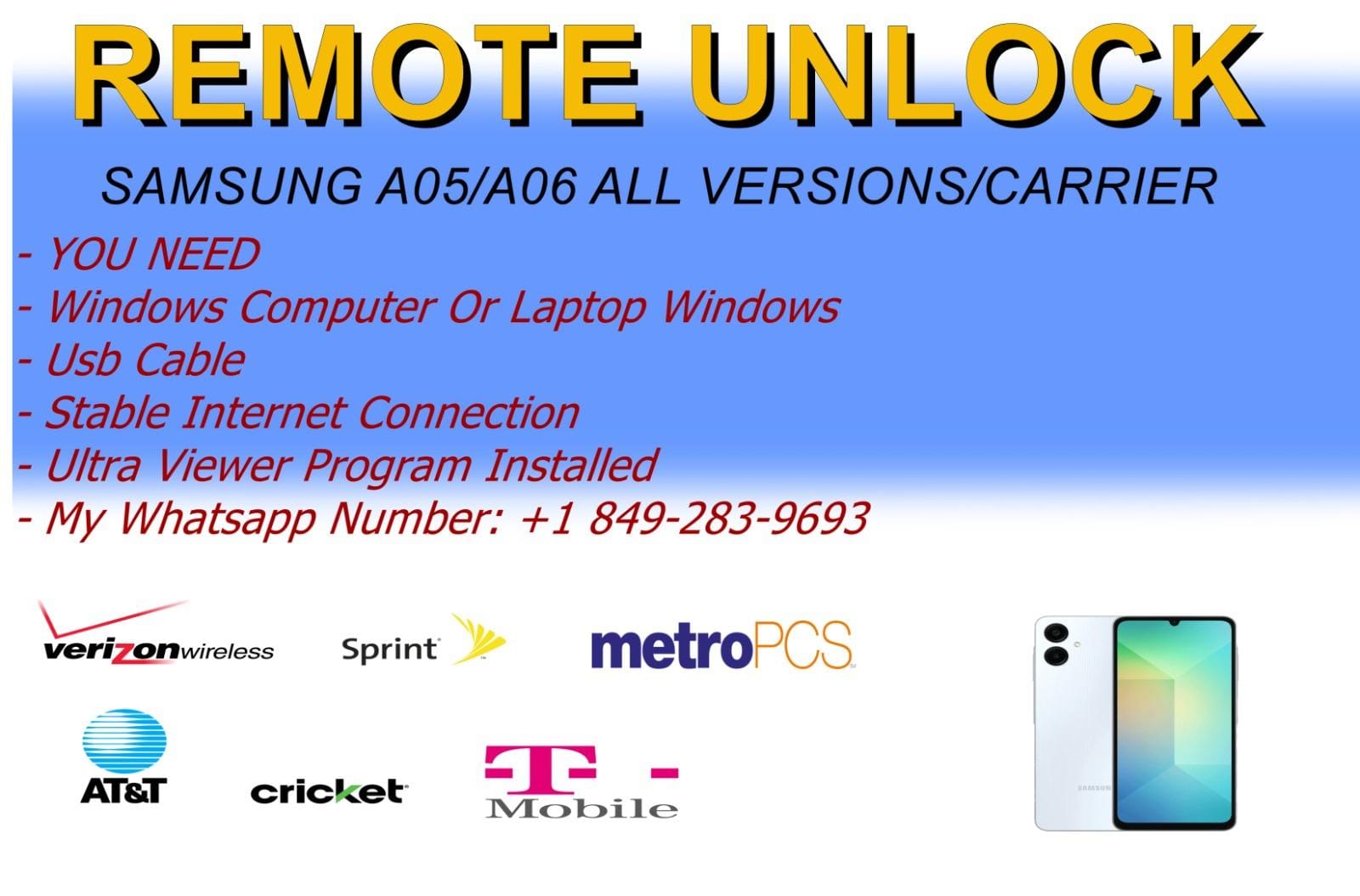 REMOTE UNLOCK SERVICE SAMSUNG A05/A06 ALL VERSIONS/CARRIERS