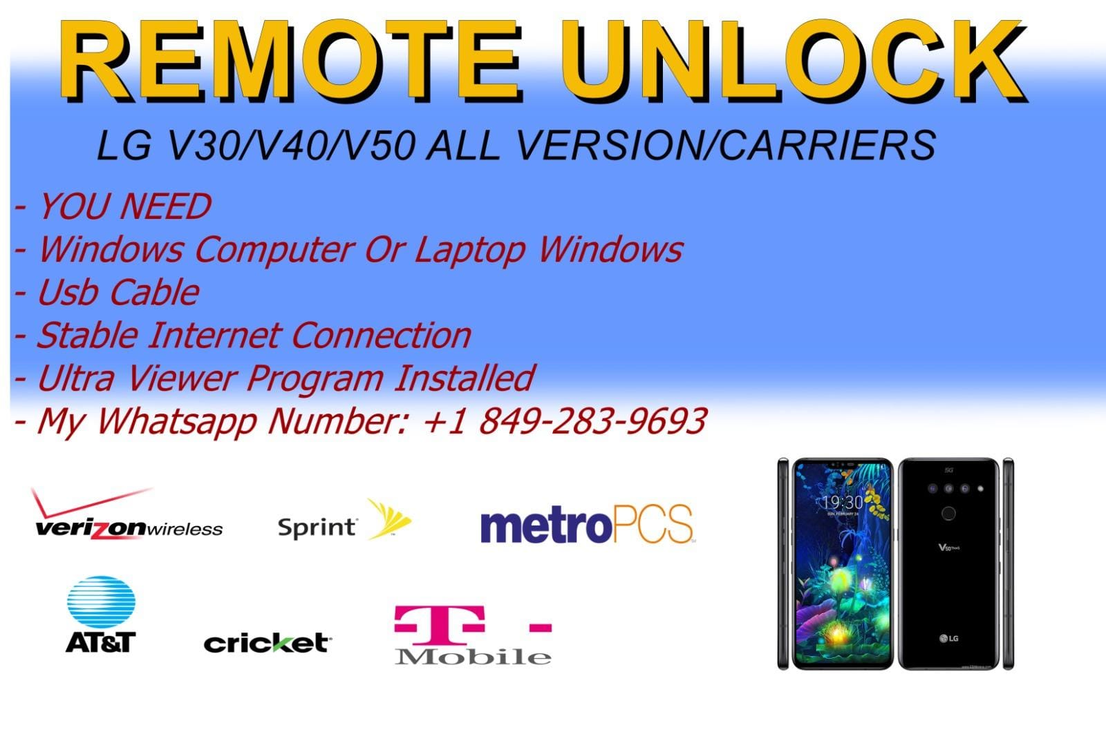 REMOTE UNLOCK SERVICE LG V30/V40/V50 ALL CARRIERS