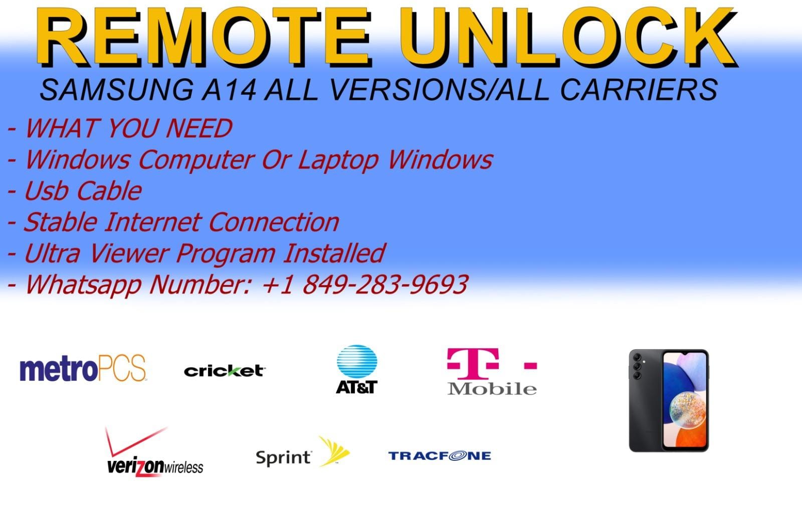 REMOTE UNLOCK SERVICE SAMSUNG A14 ALL VERSIONS/ALL CARRIERS