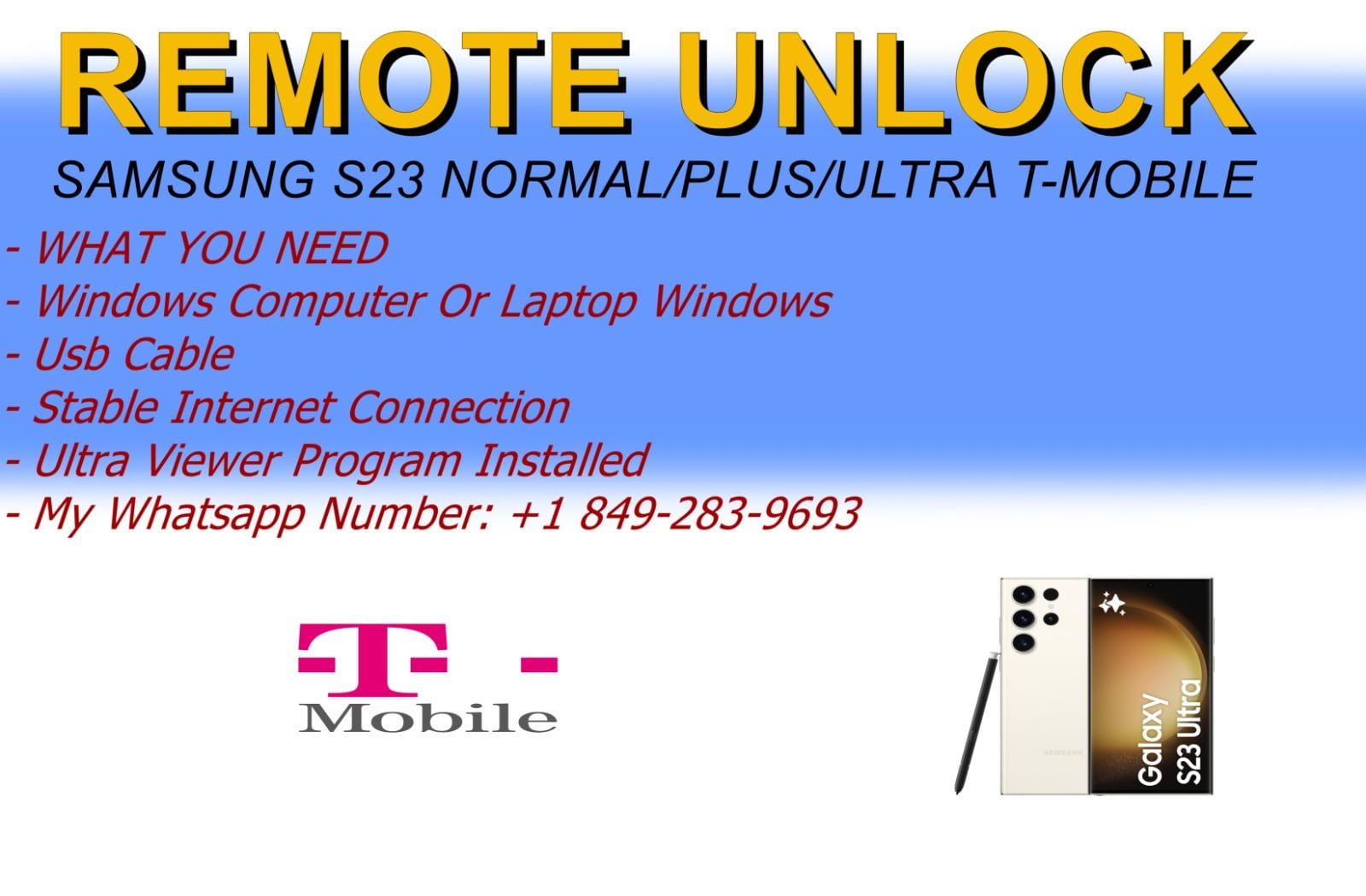 REMOTE UNLOCK SERVICE SAMSUNG S23 NORMAL/PLUS/ULTRA T-MOBILE [ PERMANENT