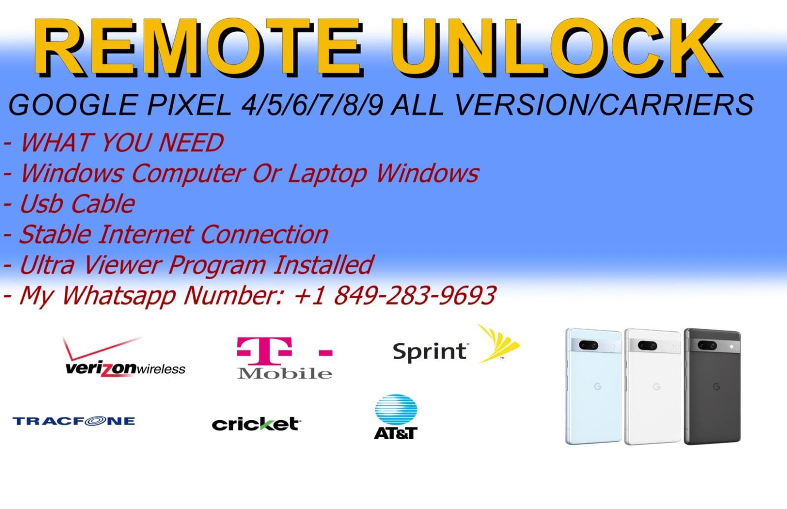 REMOTE UNLOCK SERVICE GOOGLE PIXEL 4/5/6/7/8/9 PRO XL [ PERMANENT ]